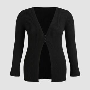 Cider Wool Blend V Neck Button Knitted Cardigan Sweater Plus Size Black 0XL